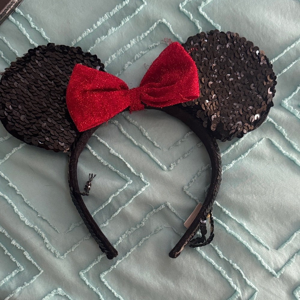 Disney Black Sequin Minnie Ears Headband with Red Glitter Bow